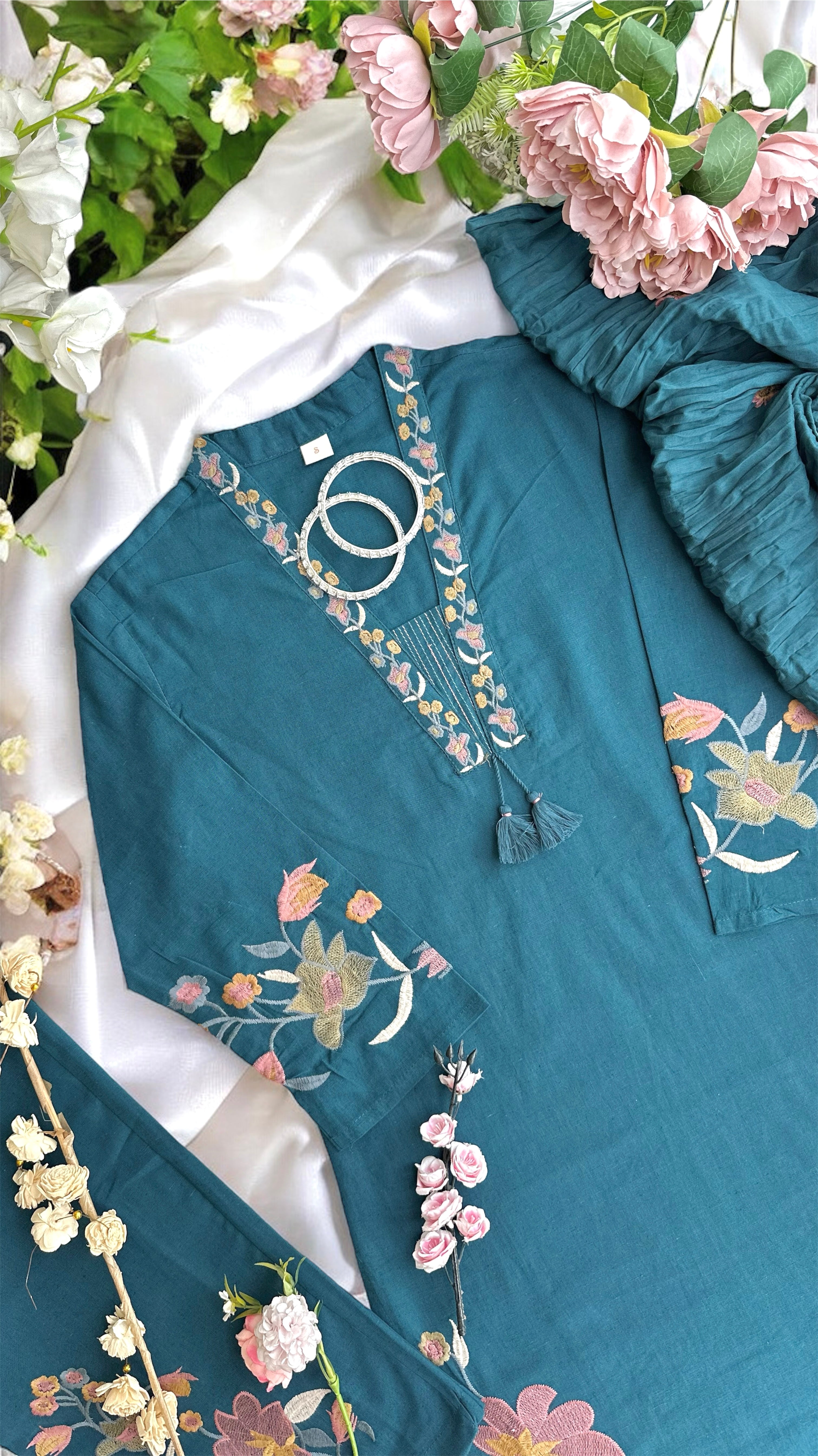 Meher Teal Bloom Embroidered Suit
