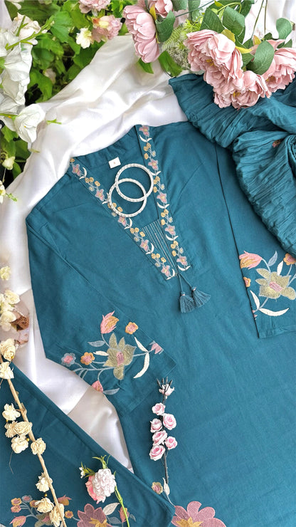 Meher Teal Bloom Embroidered Suit