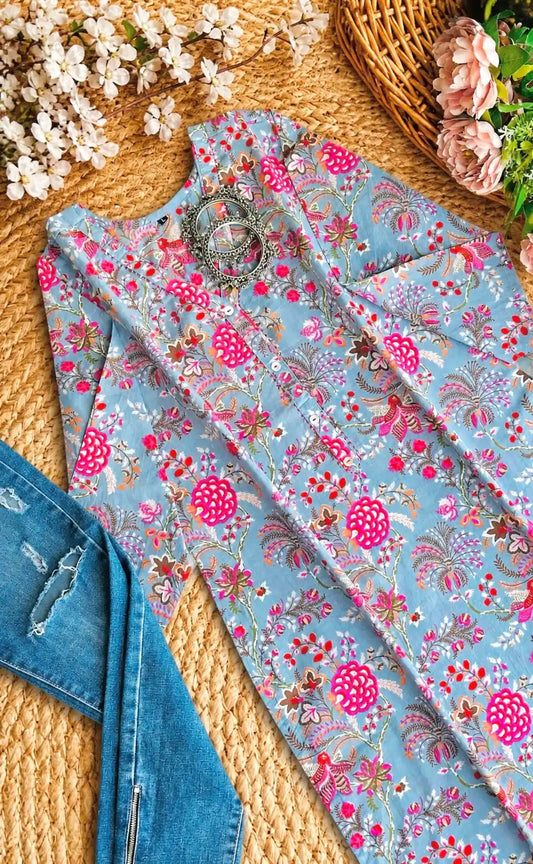 Grey Floral Mulmul Jaipuri Kurta