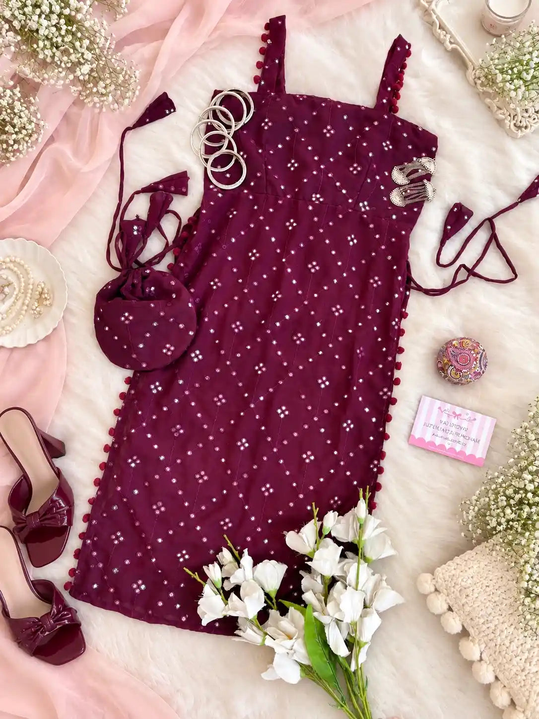 Shimmer Wine Embroidered Gulnaz Kurta