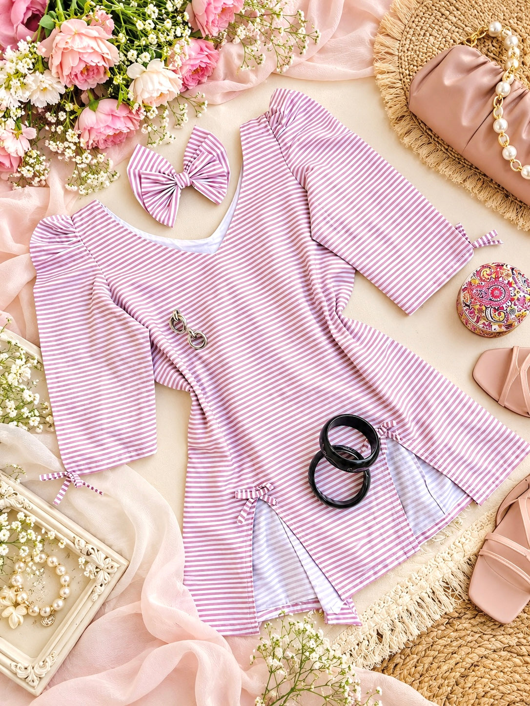 Striped Bow Detail Puff Sleeve Top