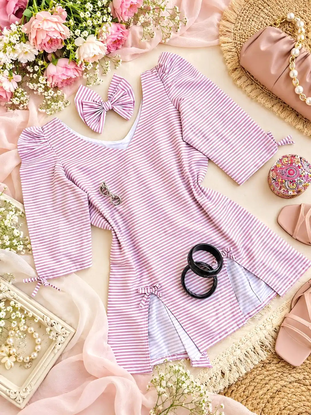 Striped Bow Detail Puff Sleeve Top
