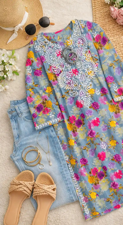 Floral Grey Fanah Mul Chikankari