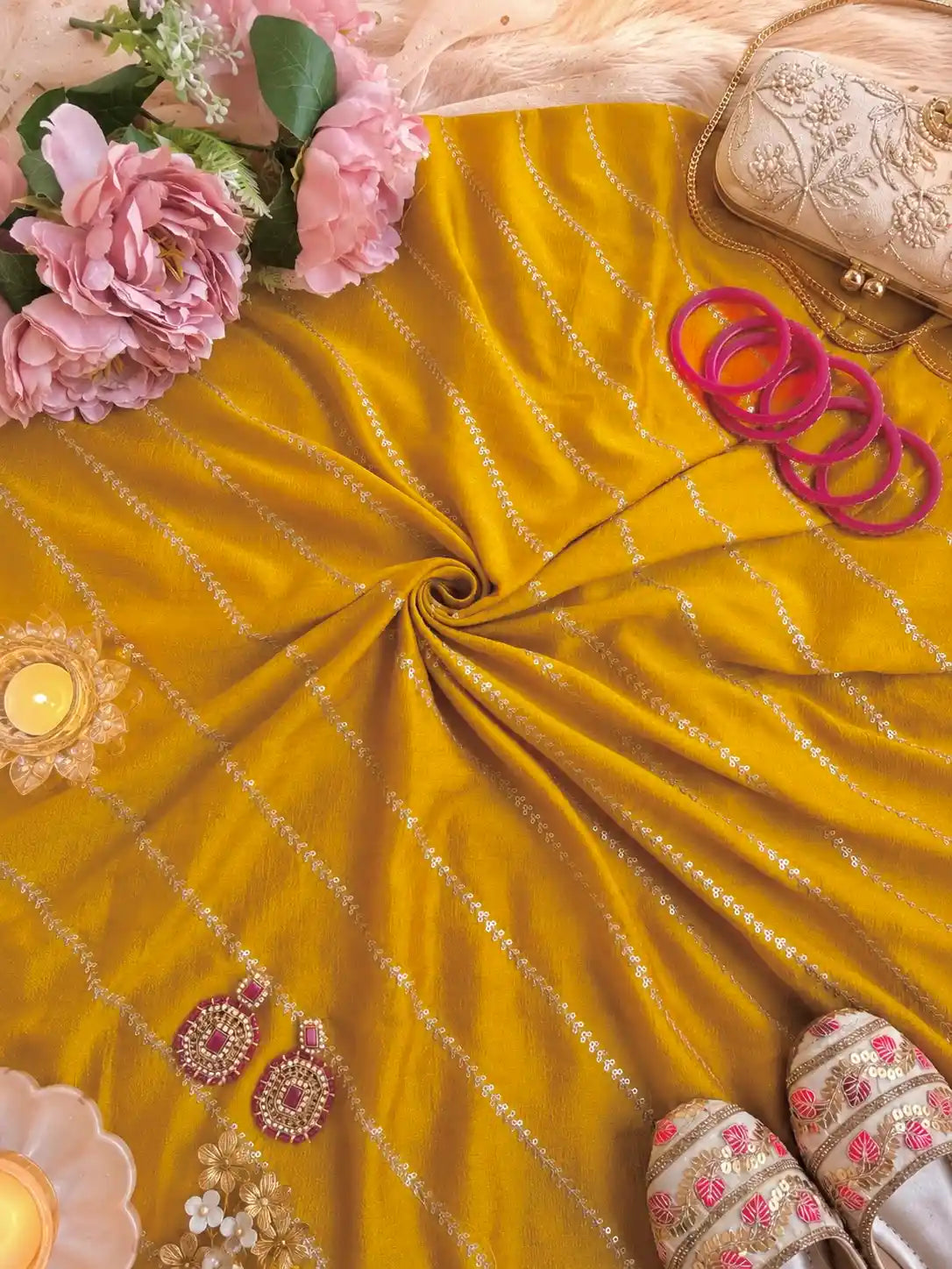 Luxury Mustard Gold Stripe Embellished Fabric Cut