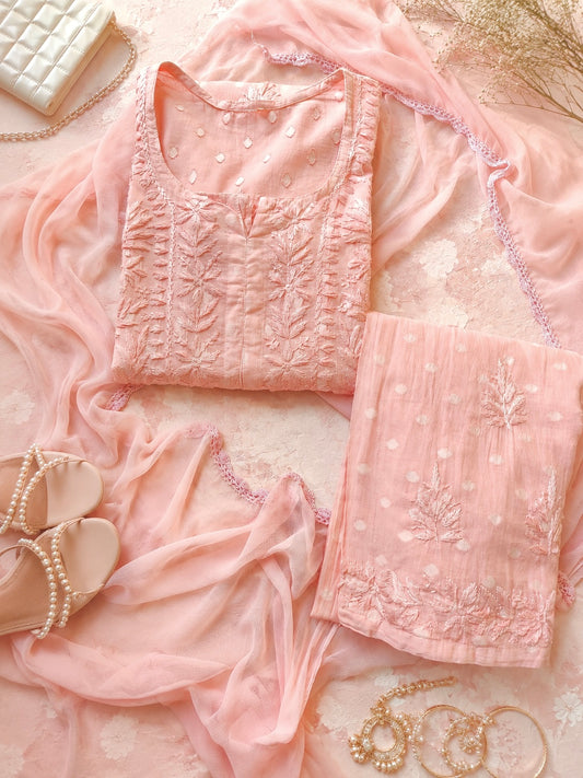 Blush Peach Chikankari Embroidered Suit Set