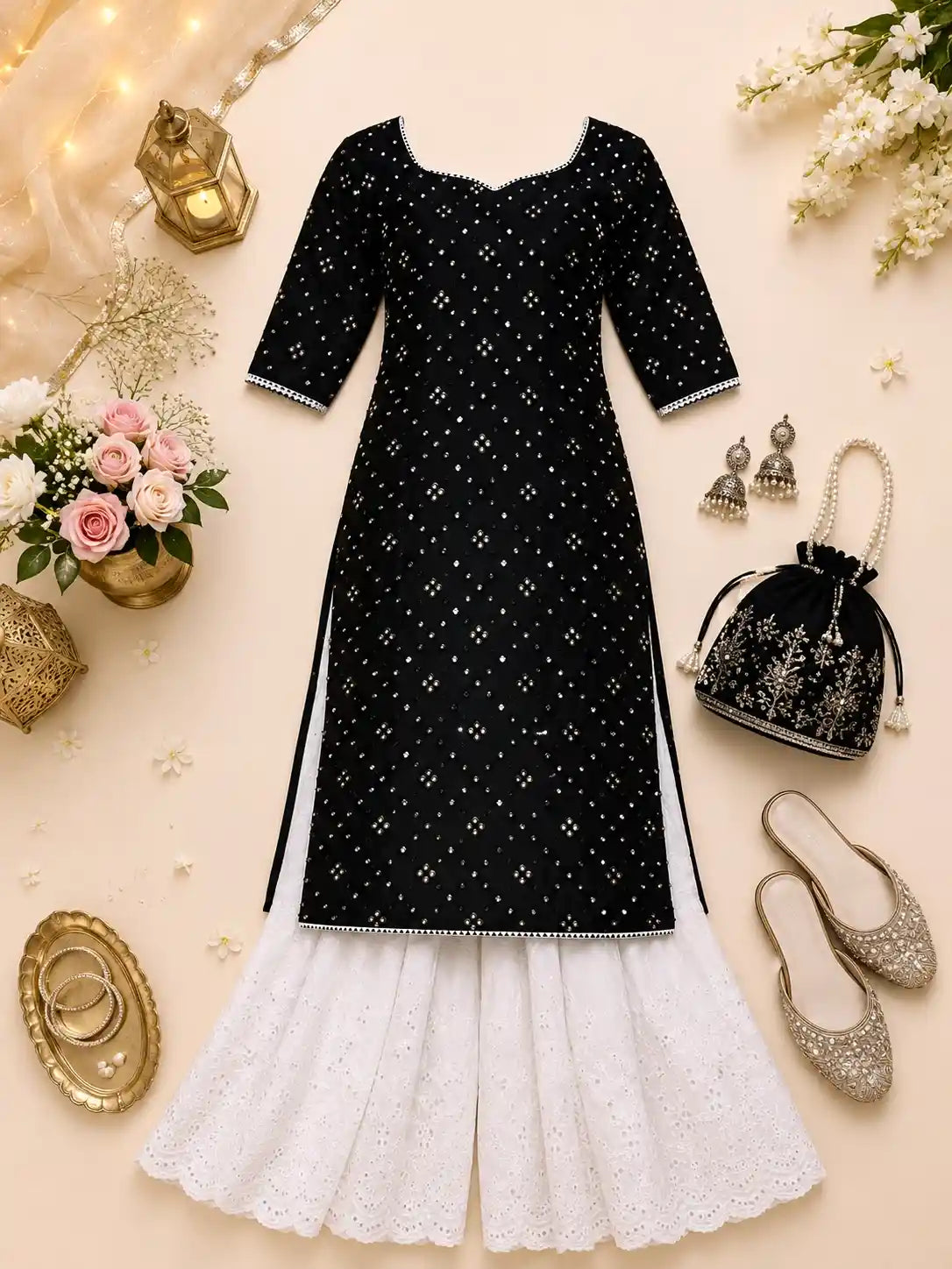 Classy Black Mirror Embroidered Gulnaz Kurta