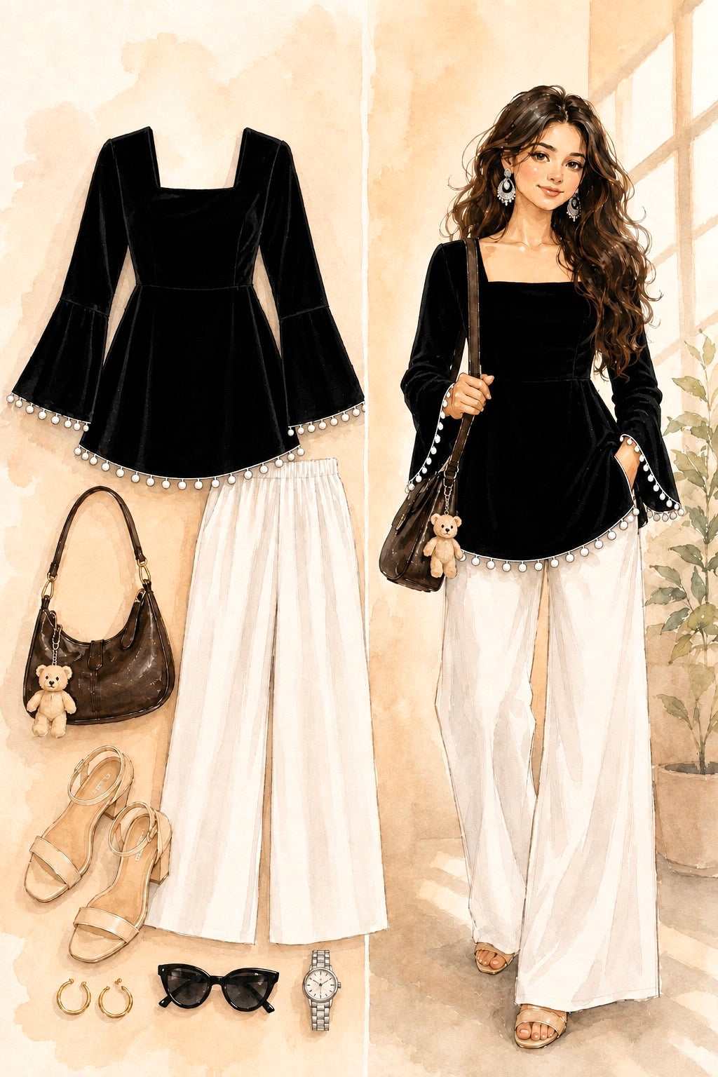 Black Velvet Bell Sleeves Peplum Top