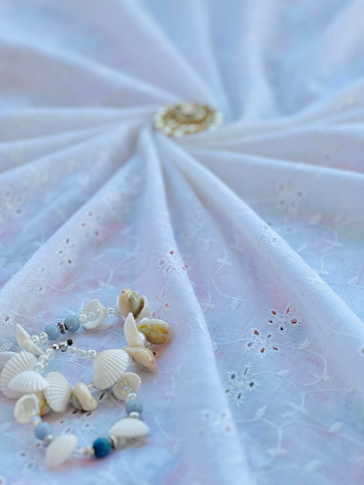 Whimsical White Hacoba Embroidered Fabric Cut