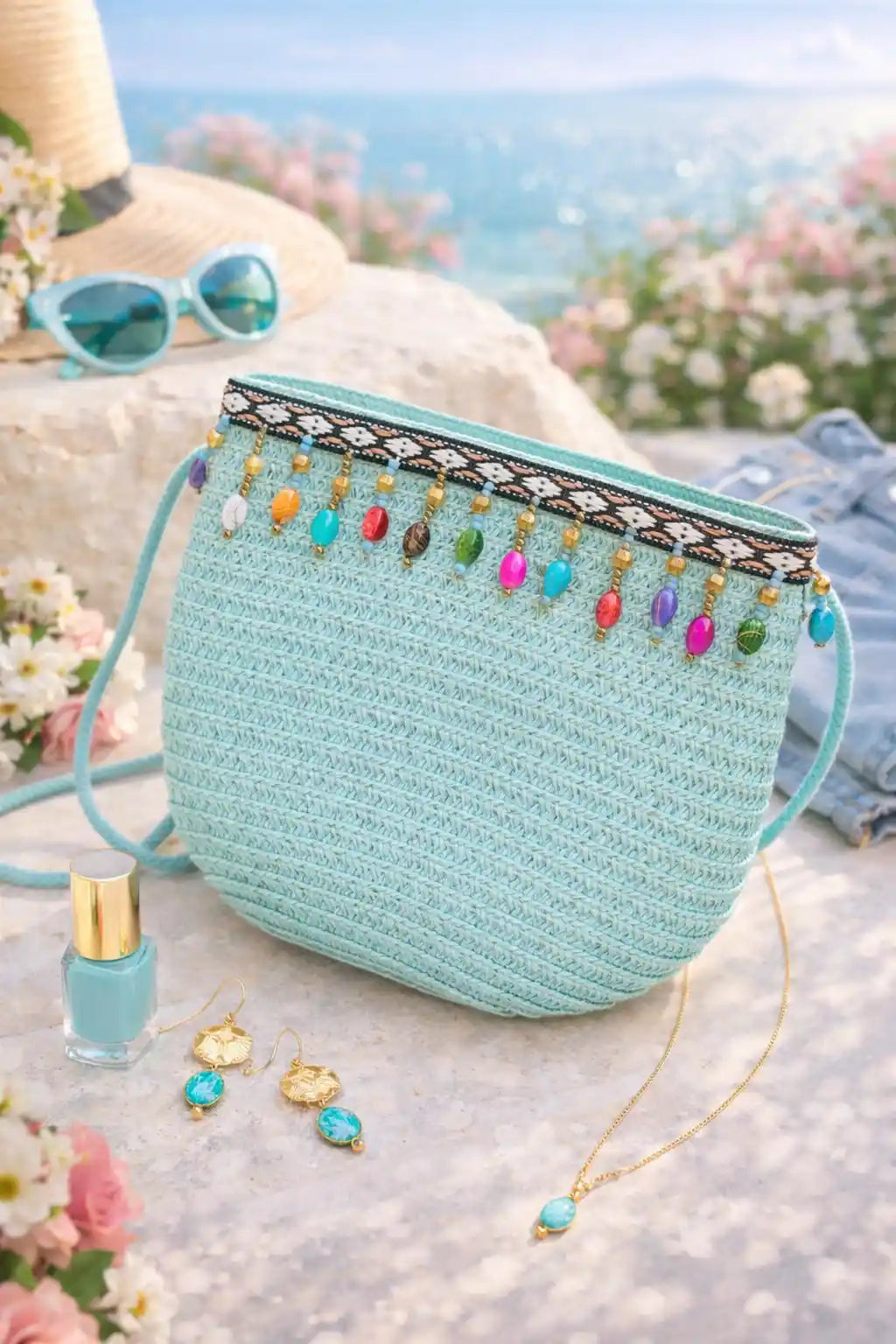 Boho Beaded Blue Crochet Sling Bag