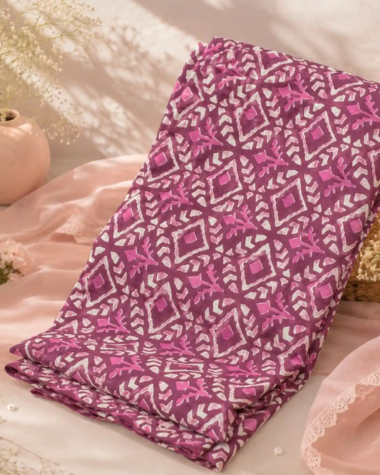 Magenta Geometric Handblock Print Cotton Fabric Cut
