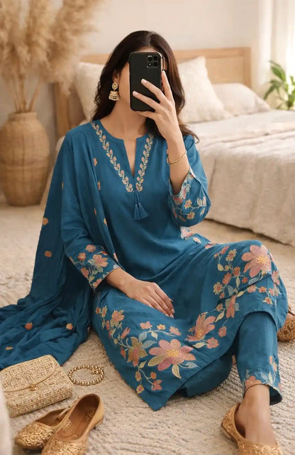 Meher Teal Bloom Embroidered Suit