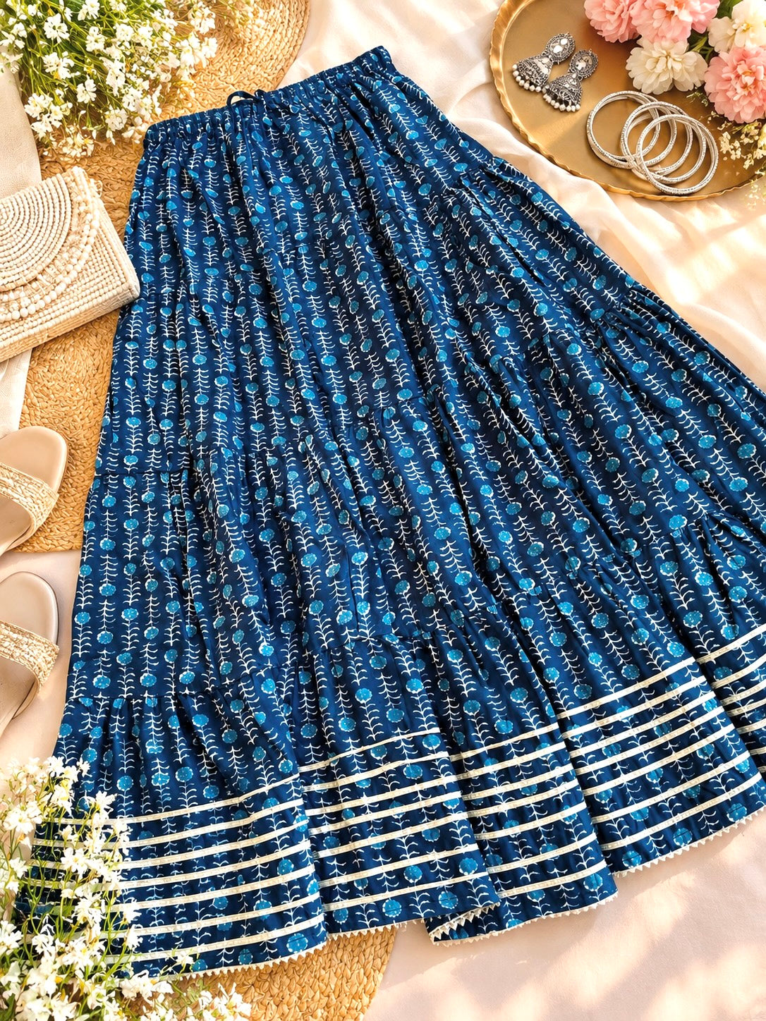 Rustic Jaipuri Indigo Flared Twirl Skirt