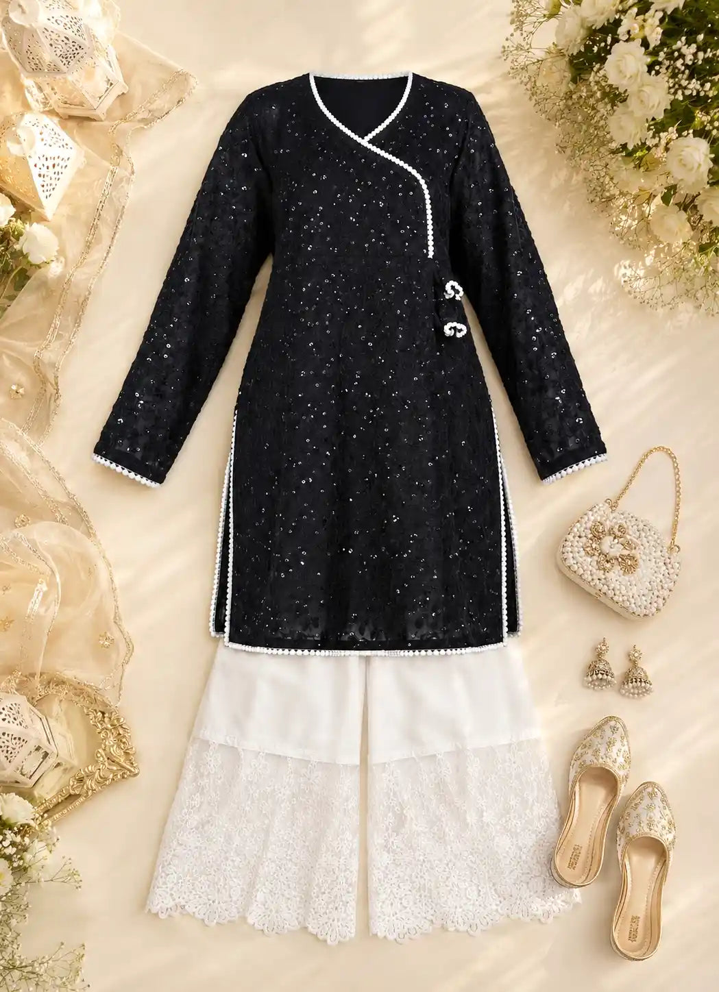 Black Leaf Angrakha Style Kurta