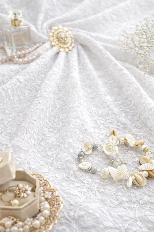 Pearl White Gulnaz Embroidered Fabric Cut