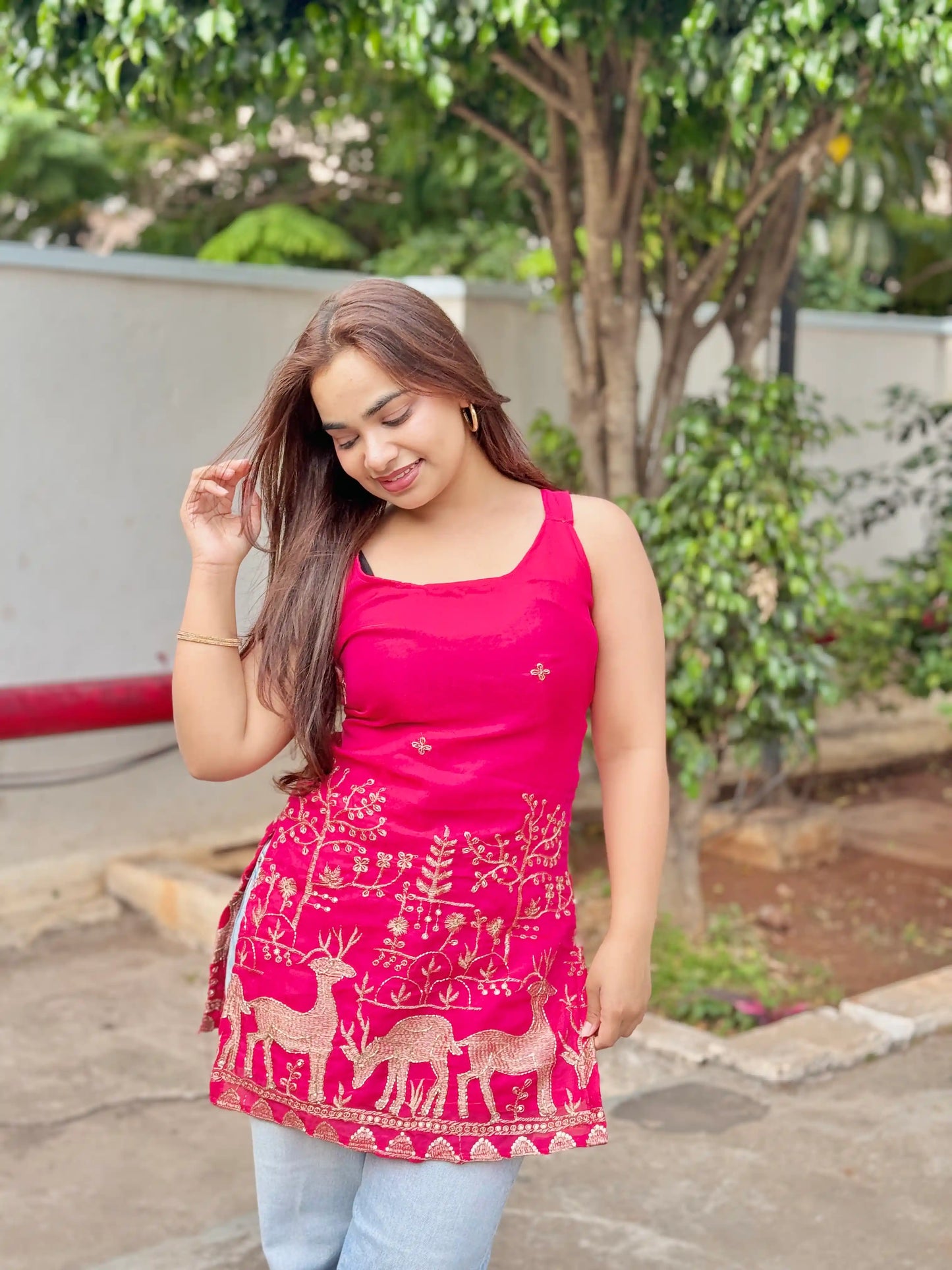 Hot Pink Hand Embroidered Kurta