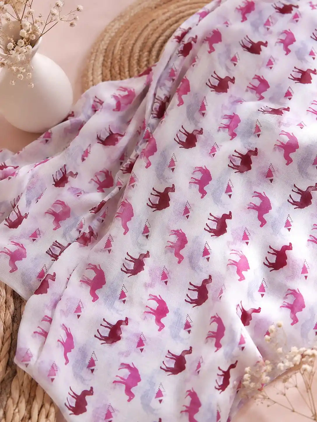 White Pink Camel Print Cotton Fabric Cut