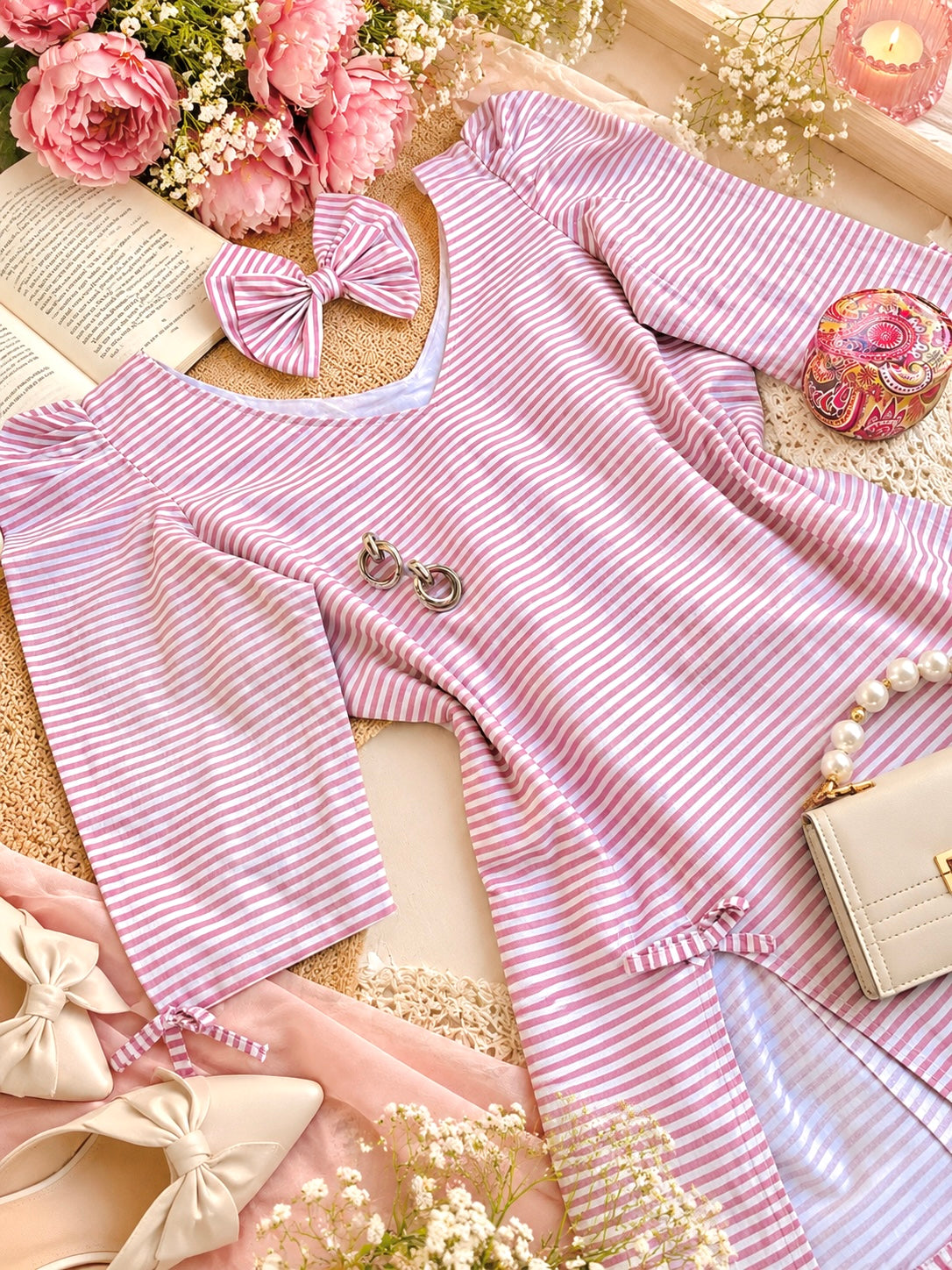 Striped Bow Detail Puff Sleeve Top