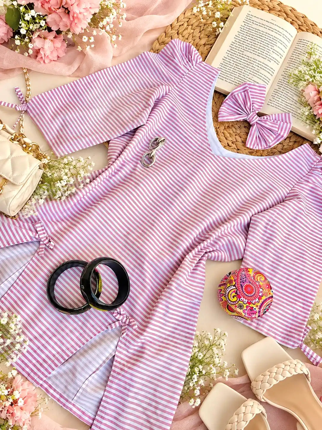 Striped Bow Detail Puff Sleeve Top