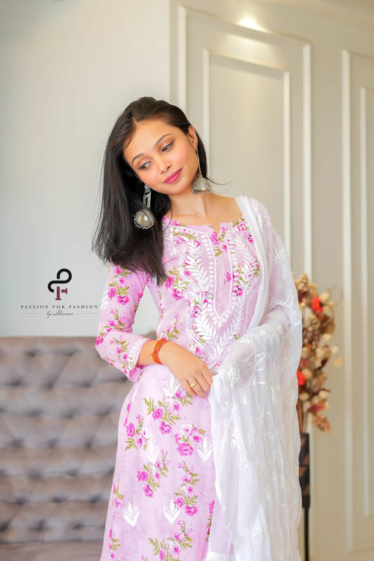 Blush Pink Rangrez Mul Chikan Kurta - Passion for Fashion by Shivani