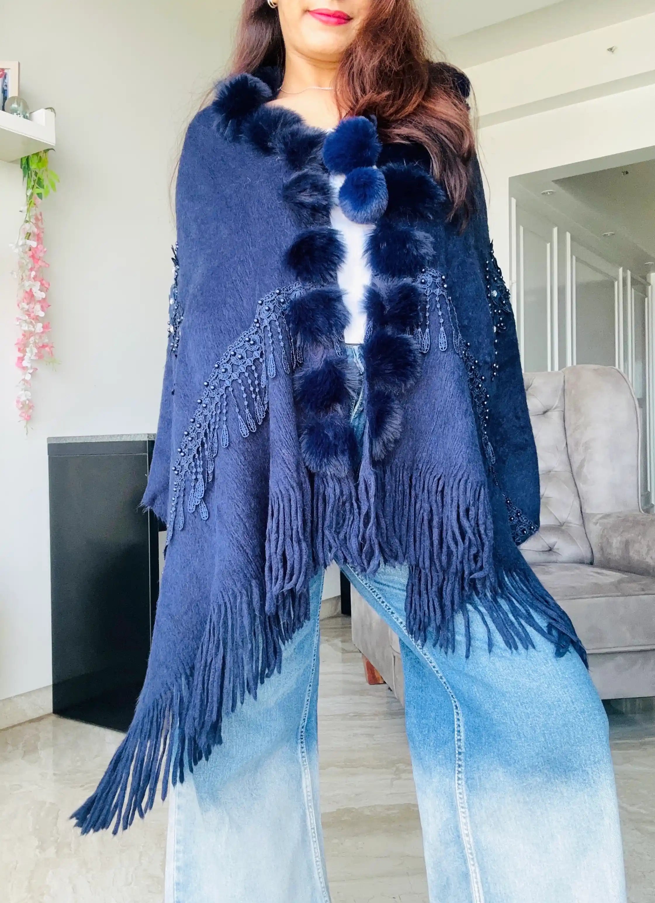 Royal Blue Fur Winter Cape