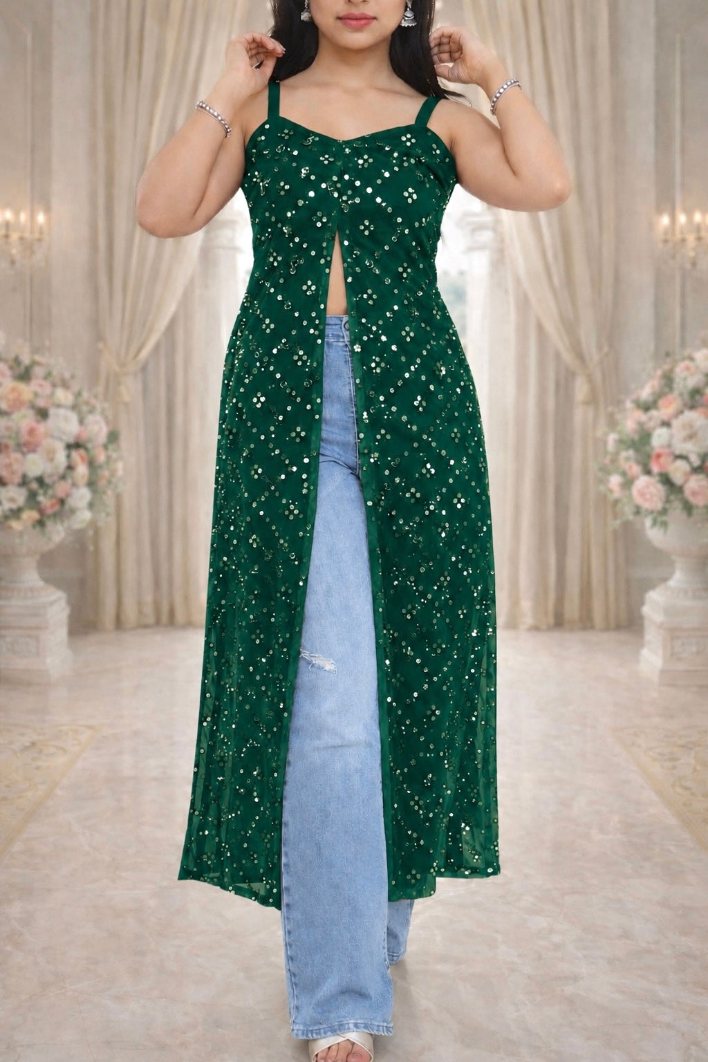 Shimmer Green Embellished Mirror Kurta