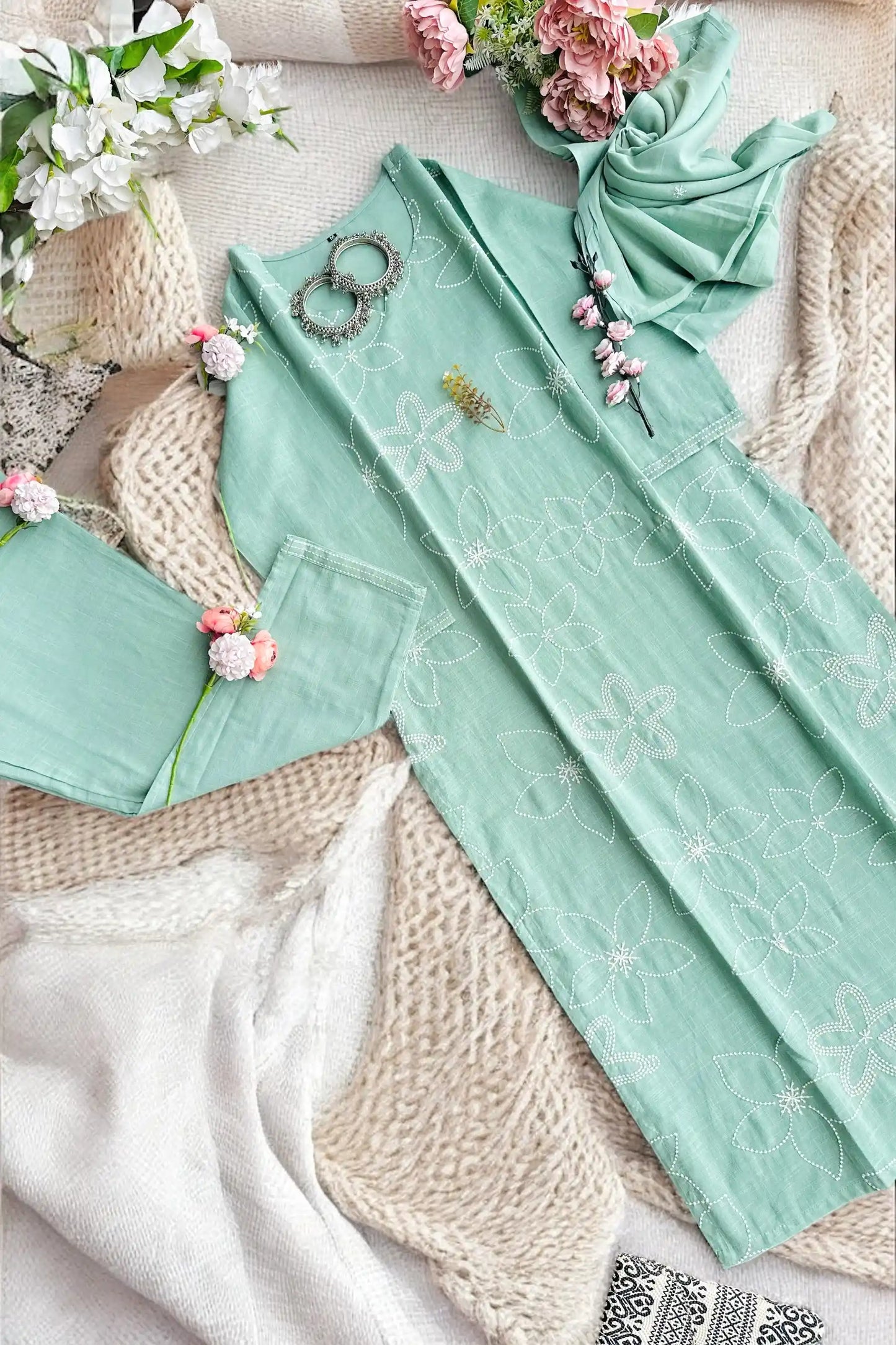 Pastel Green Embroidered Suit Set