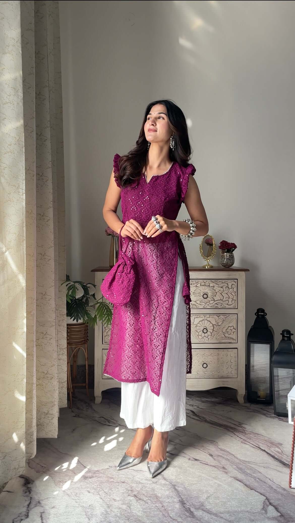 Swati's Plum Wine Frill Gulnaz Kurta