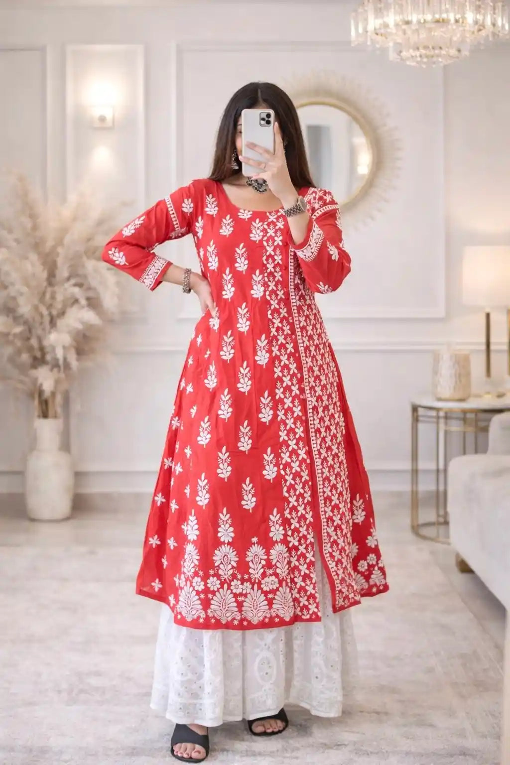 Scarlet Red Meher Chikan Embroidered Anarkali