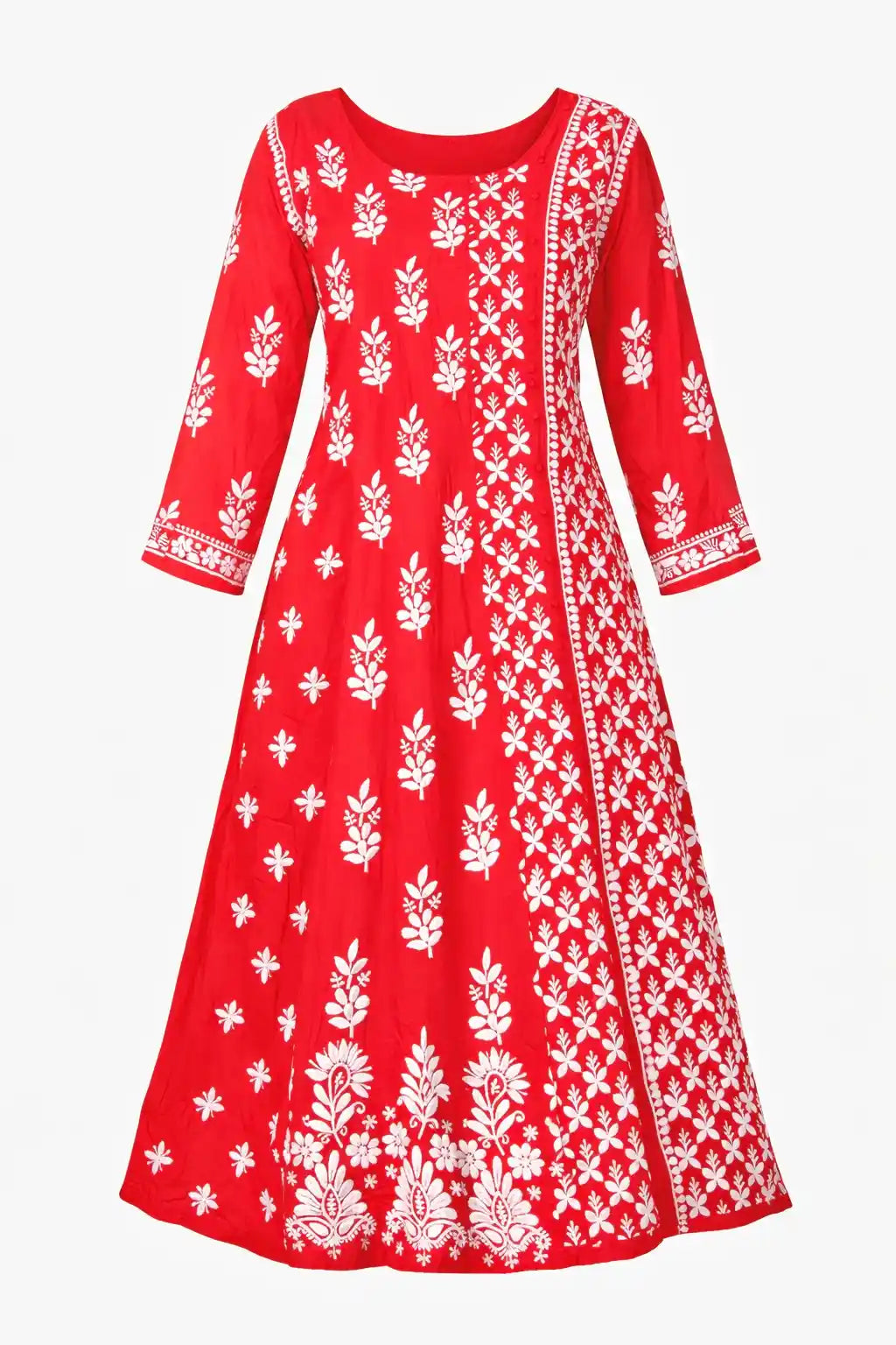 Scarlet Red Meher Chikan Embroidered Anarkali