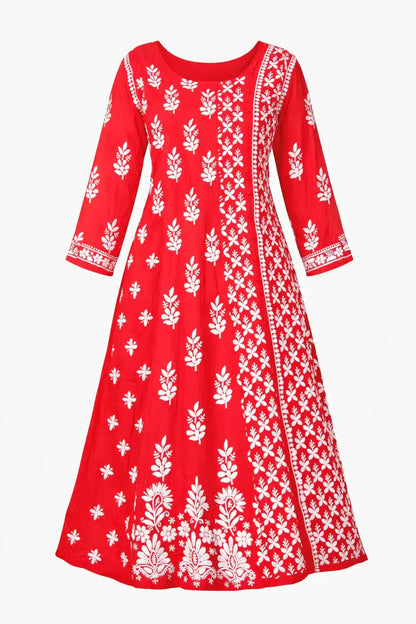 Scarlet Red Meher Chikan Embroidered Anarkali