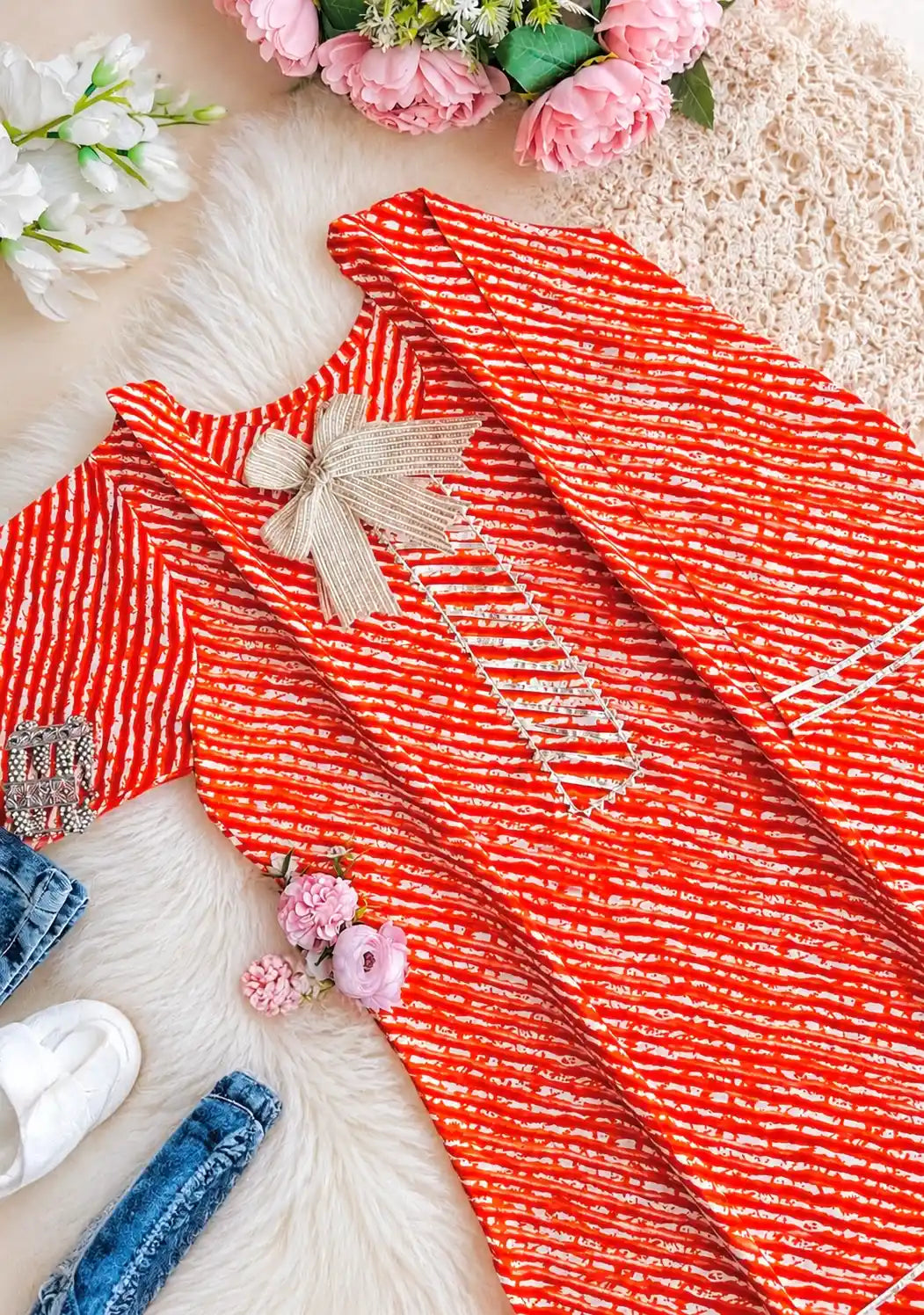 Orange Lehriya Jaipuri Short Kurta