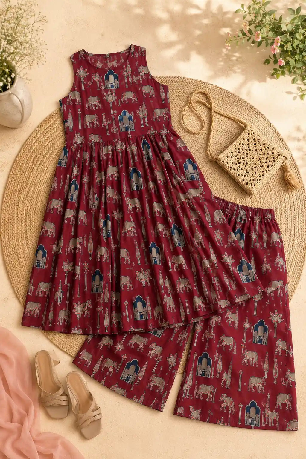 Maroon Worli Mulmul Meher Suit