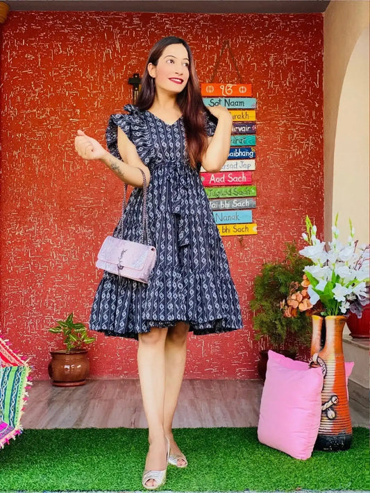 Twilight Black Ikkat Frill Twirl Dress - Passion for Fashion by Shivani