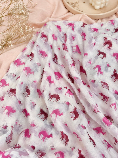 White Pink Camel Print Cotton Fabric Cut