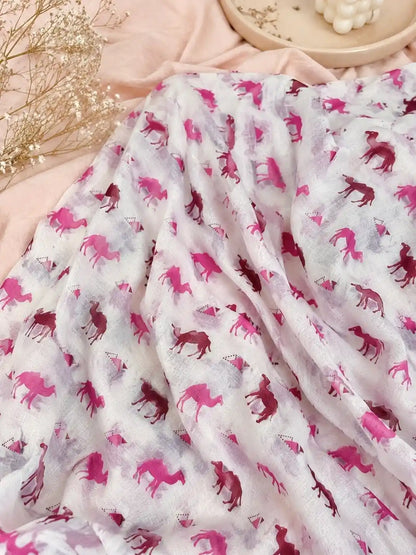 White Pink Camel Print Cotton Fabric Cut