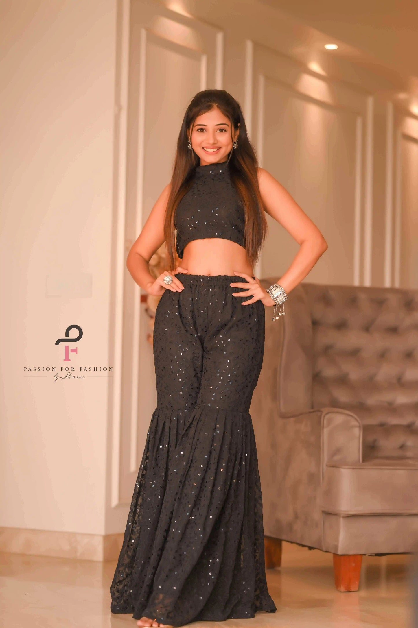 Midnight Leafy Black Sharara Set