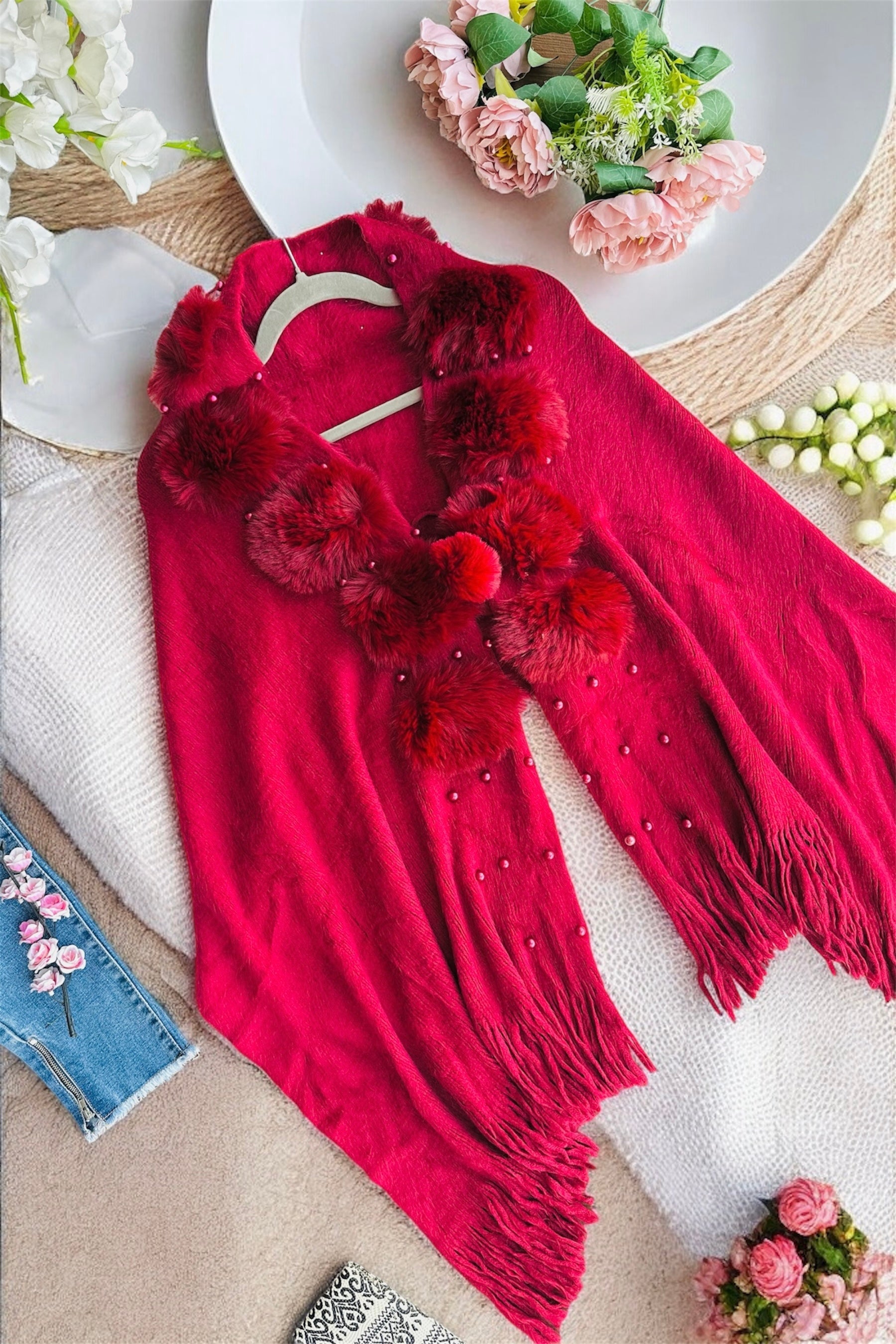 Maroon Pearl Fur Winter Cape