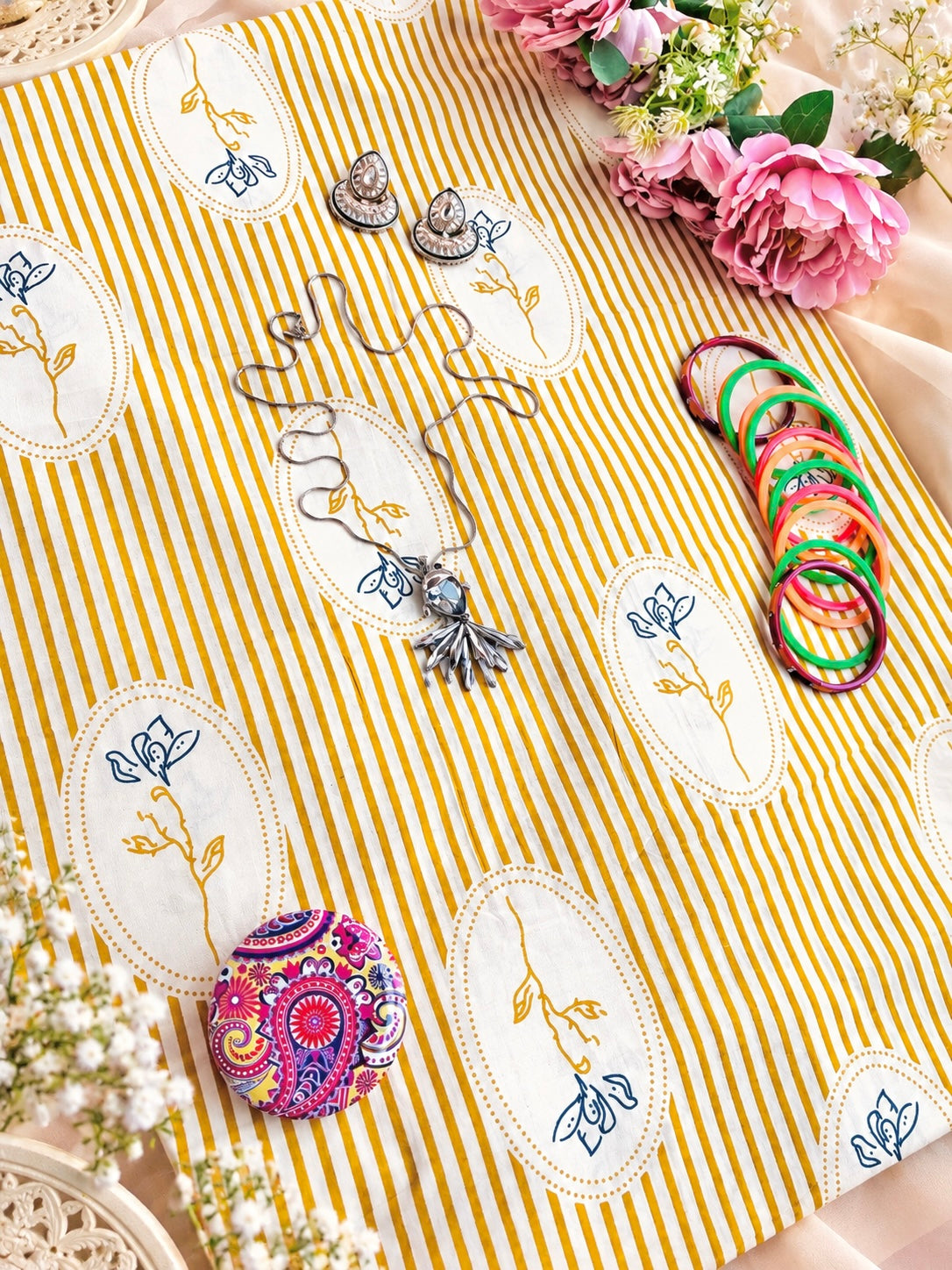 Mustard Yellow Striped Floral Printed Fabric Cut