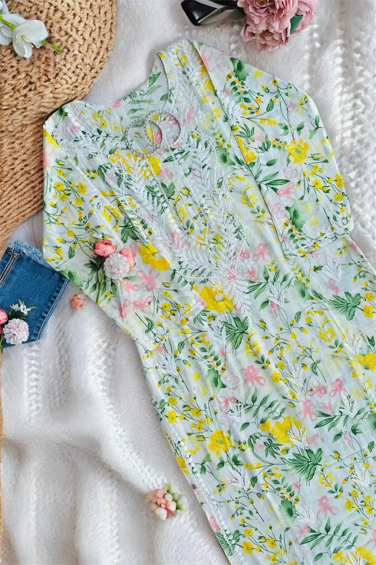 Whimsical Whitish Yellow Rangrez Mul Kurta - Passion for Fashion by Shivani