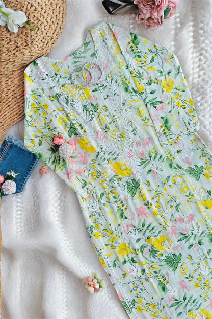 Whimsical Whitish Yellow Rangrez Mul Kurta - Passion for Fashion by Shivani