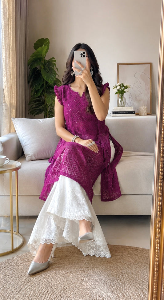 Swati's Plum Wine Frill Gulnaz Kurta