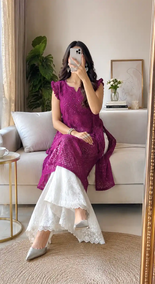Swati's Plum Wine Frill Gulnaz Kurta
