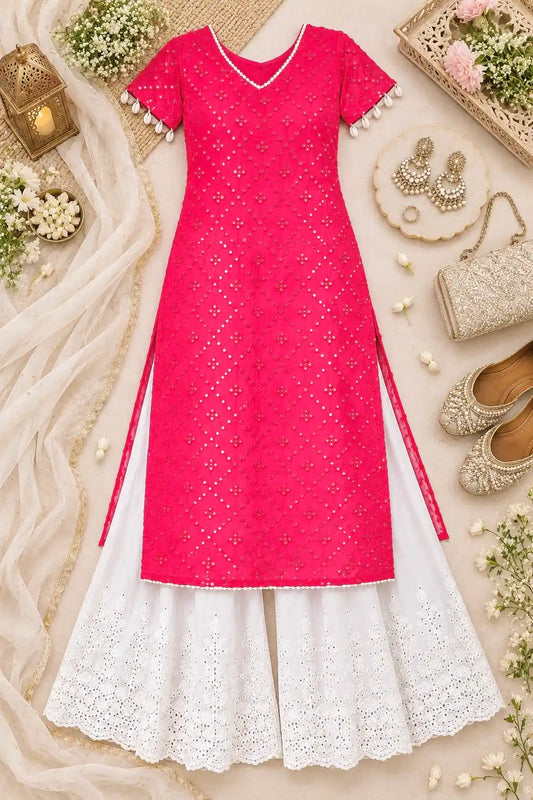 Swati's Hot Pink Embroidered Denim Gulnaz Kurta