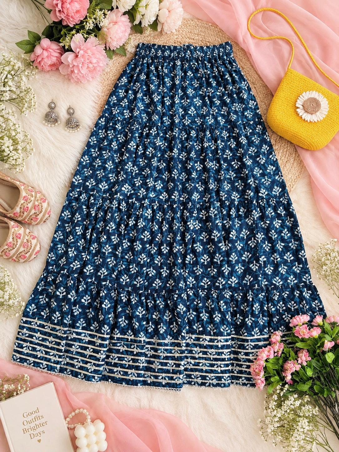 Jaipuri Indigo Block Flared Twirl Skirt