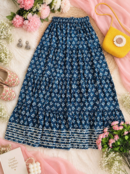 Jaipuri Indigo Block Flared Twirl Skirt