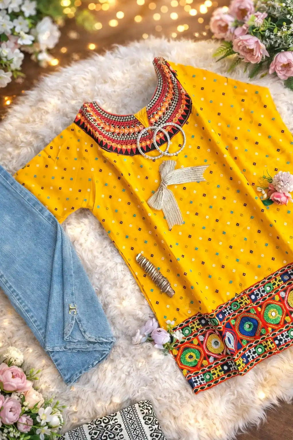 Yellow Bandhej Gamti Kurta