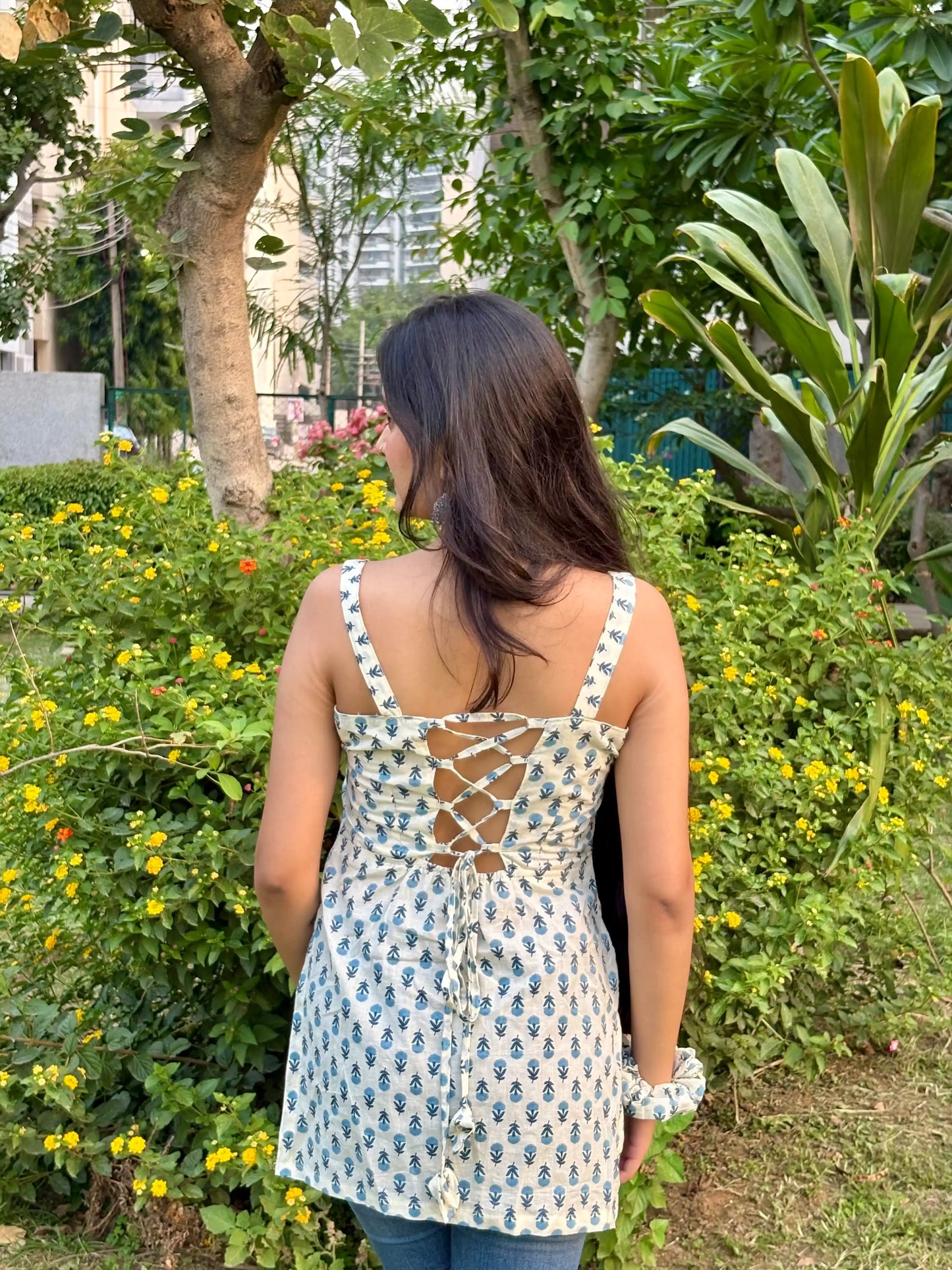 Blue Blossom Handblock Short Kurta