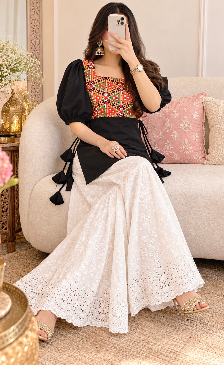Black Multicolor Puff Sleeve Short Kurta