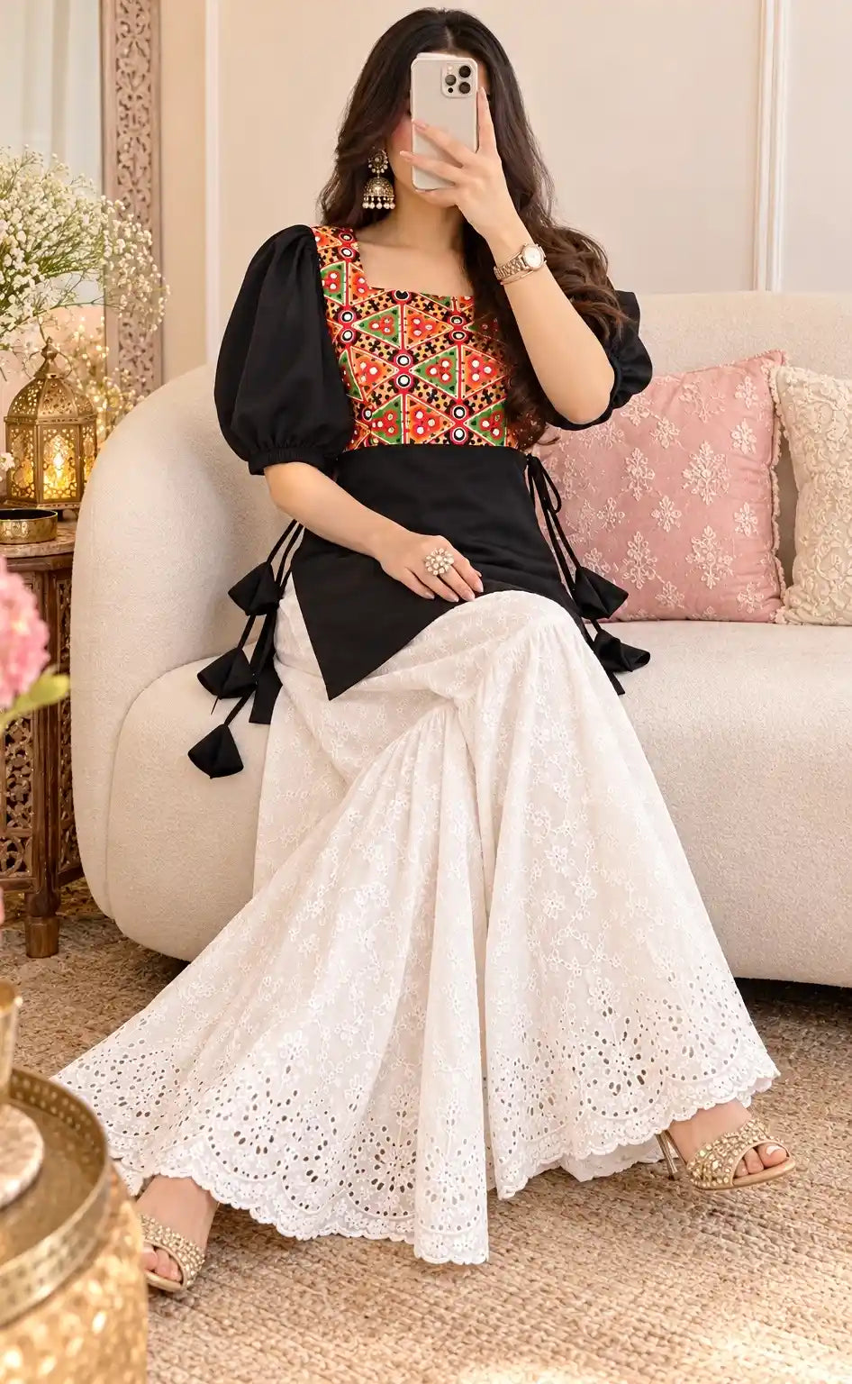 Black Multicolor Puff Sleeve Short Kurta