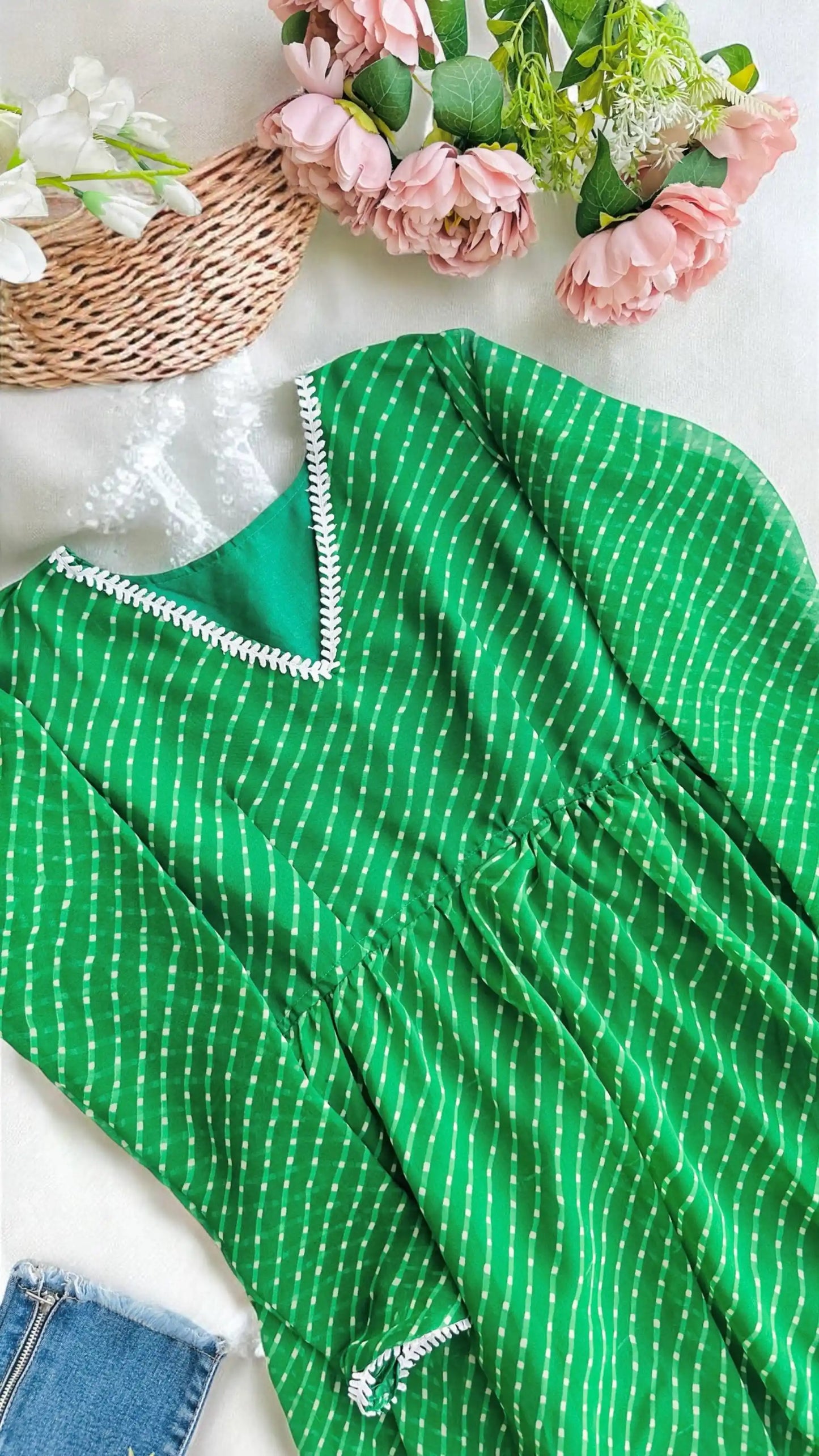 Bandhej Green Peplum Top